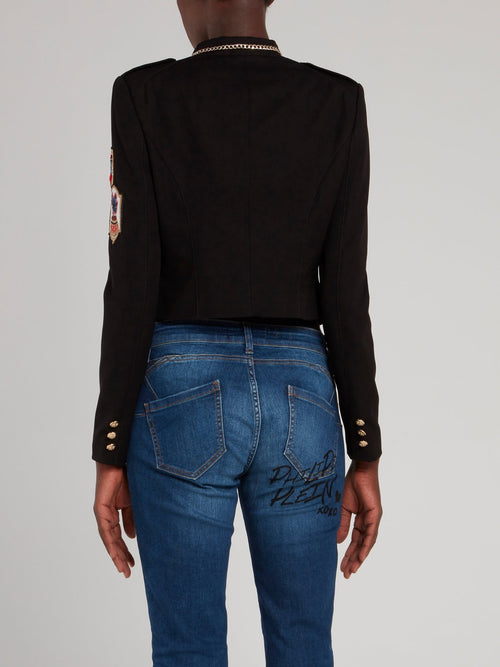 Черный пиджак с пуговицами и аппликацией