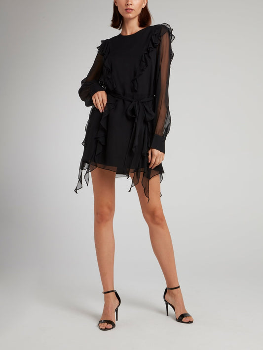 Black Mesh Panel Ruffle Mini Dress