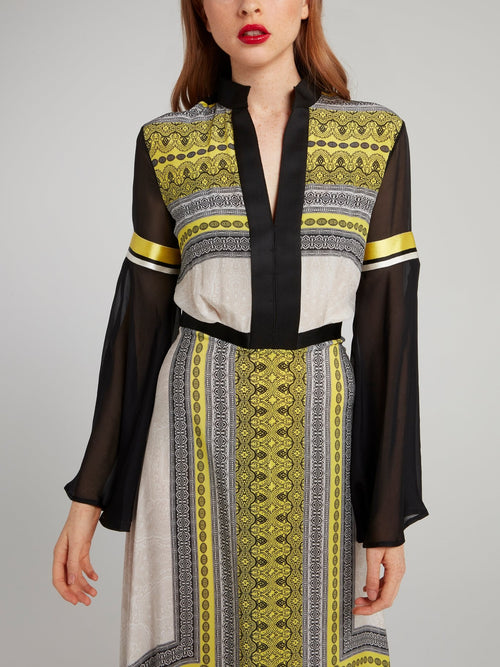 Платье-макси с прозрачными вставками и принтом