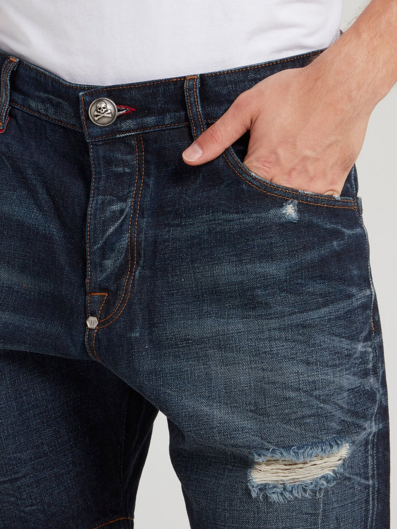 Темно-синие бермуды с рваной отделкой