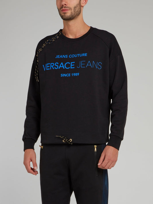 Черный свитшот с логотипом и шнуровкой сбоку