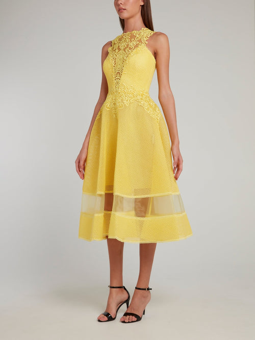 Yellow Lace Neckline Midi Dress
