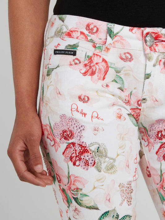 Джинсы скинни с цветочным принтом и логотипом