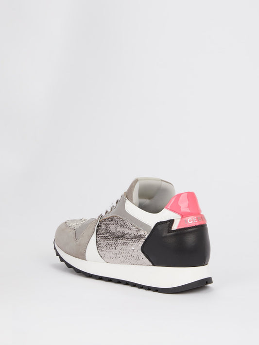 Серые кроссовки с пайетками и замшевыми вставками