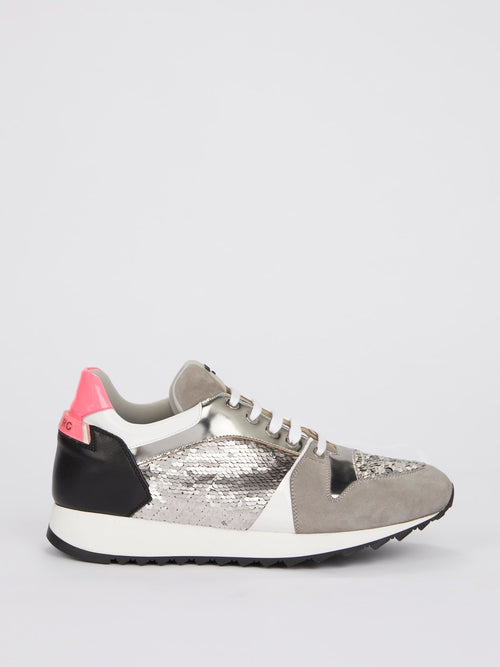 Серые кроссовки с пайетками и замшевыми вставками