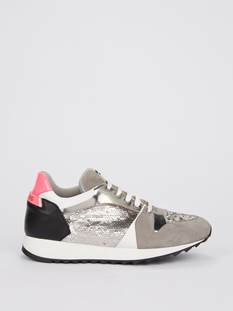 Серые кроссовки с пайетками и замшевыми вставками