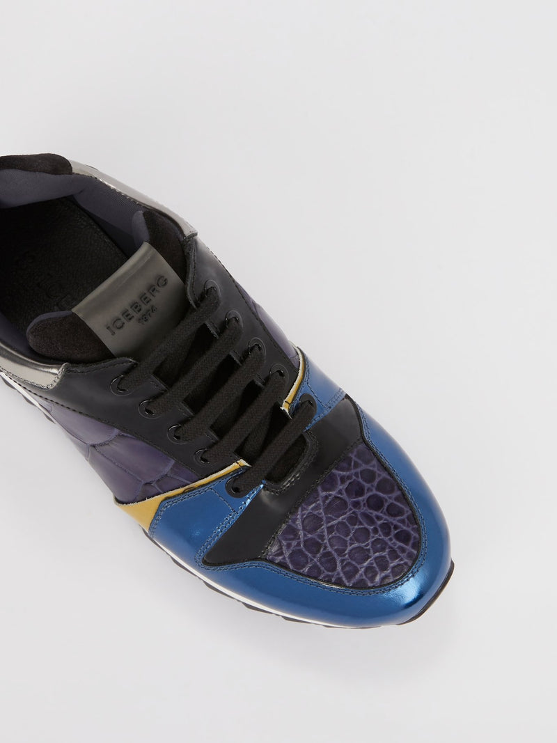 Массивные кроссовки с синей вставкой из крокодиловой кожи