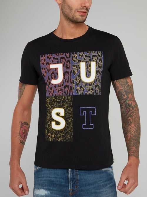 Черная хлопковая футболка с леопардовым принтом и логотипом