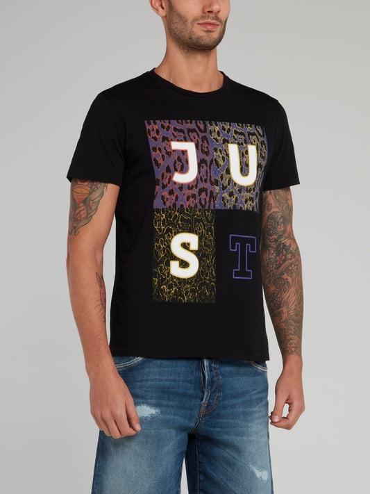 Черная хлопковая футболка с леопардовым принтом и логотипом