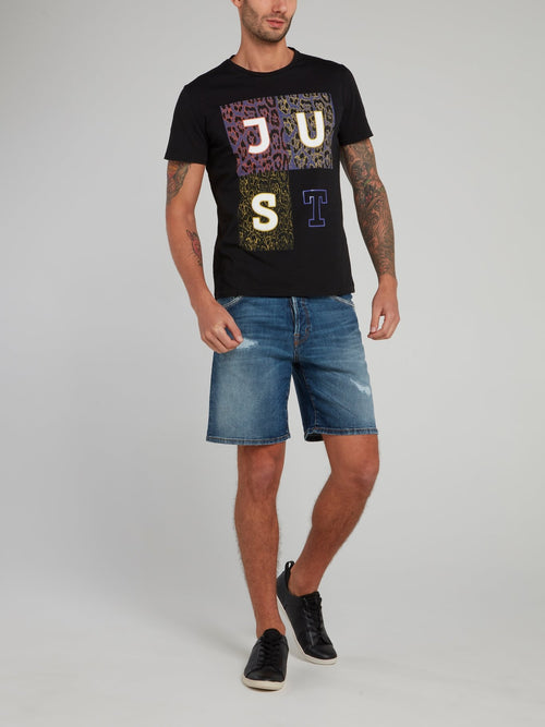 Черная хлопковая футболка с леопардовым принтом и логотипом