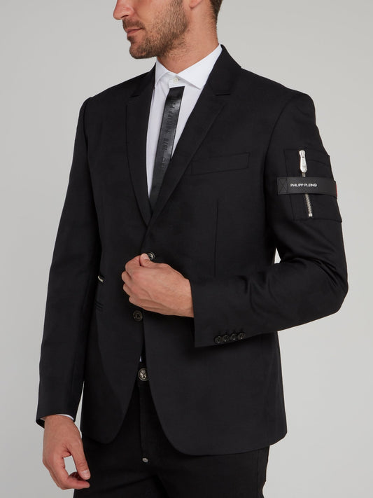 Черный пиджак с отделкой и надписью