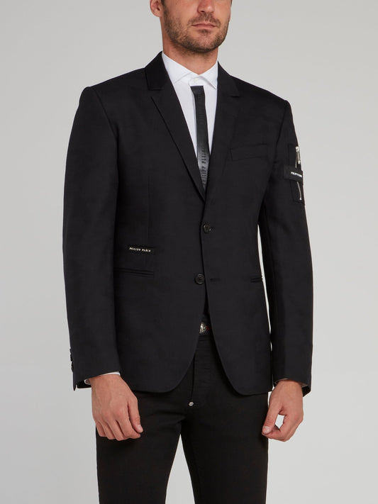 Черный пиджак с отделкой и надписью