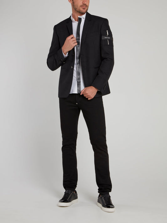 Черный пиджак с отделкой и надписью