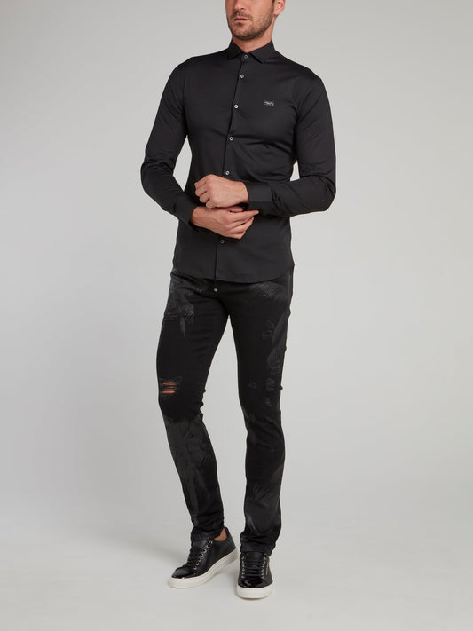 Черная рубашка с длинными рукавами с камуфляжным изображением черепа с эффектом змеиной кожи и стразами