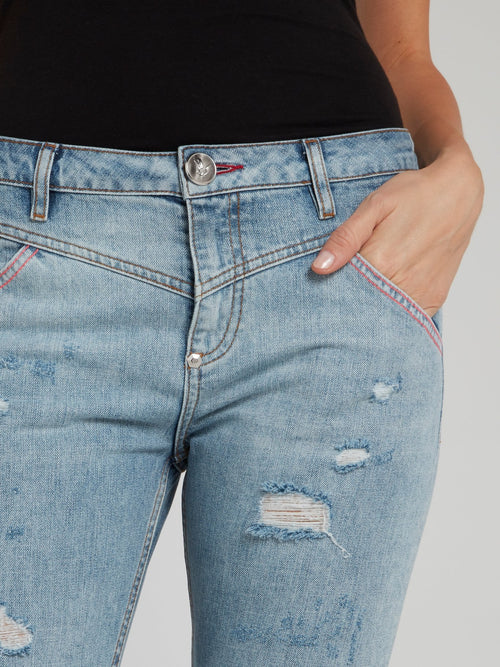 Синие укороченные джинсы-бойфренды