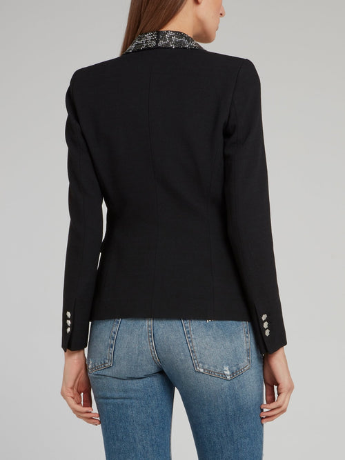 Черный пиджак с леопардовым принтом из страз на воротнике