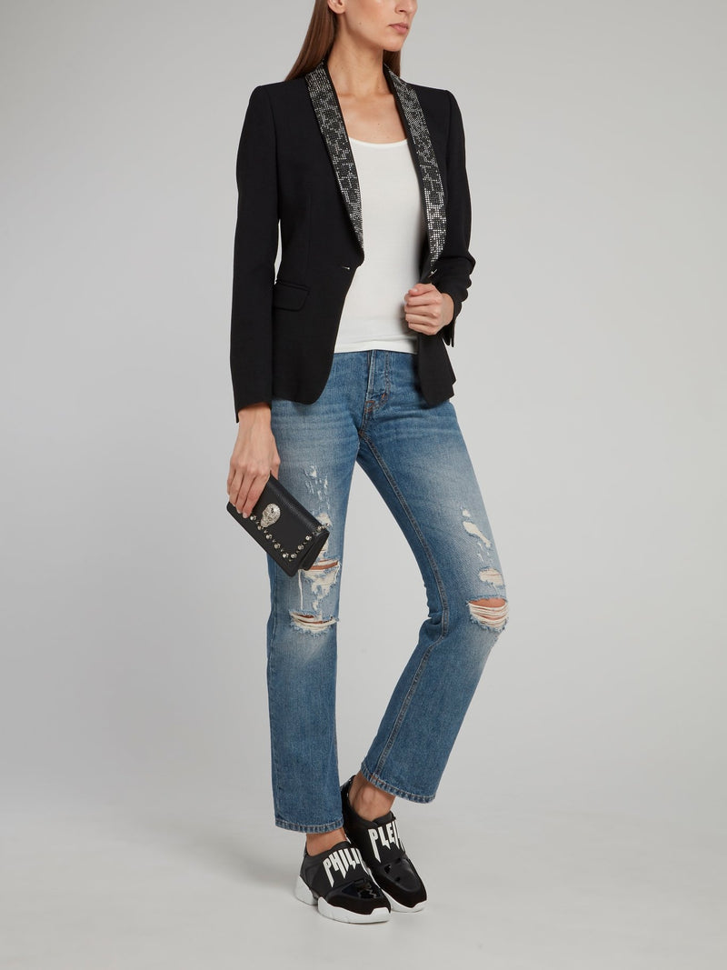 Черный пиджак с леопардовым принтом из страз на воротнике