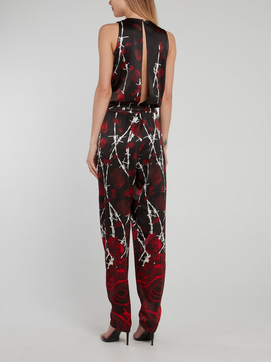 Черный комбинезон с цветочным принтом и вырезом на спине