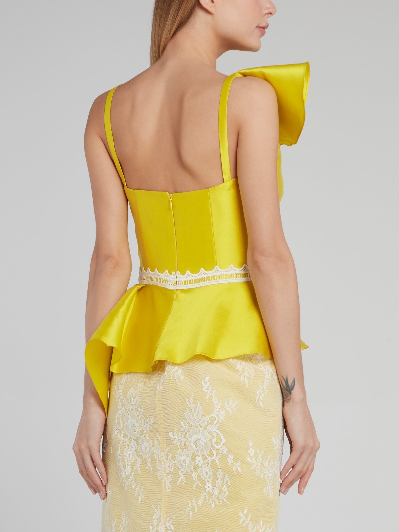 Yellow Asymmetric Ruffle Silk Top