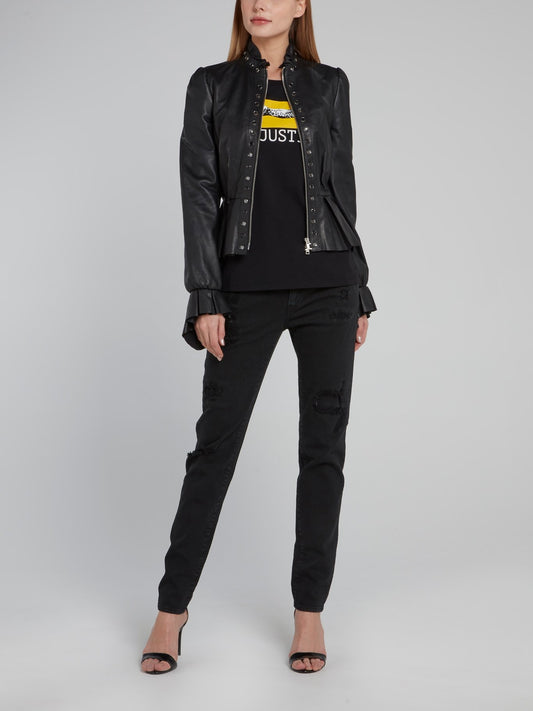 Черная кожаная куртка с оборками и поясом