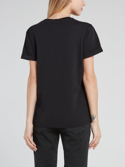 Черная футболка с круглым вырезом и изображением леопарда