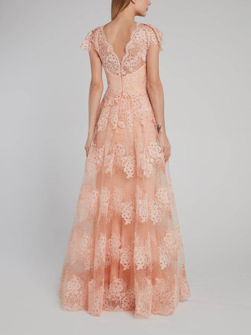 Бежевое платье-макси с плиссировкой и цветочным кружевным принтом