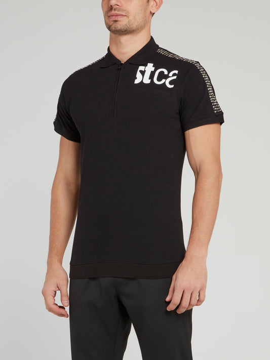 Черная рубашка поло со стразами на рукавах и логотипом