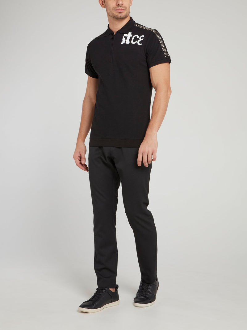 Черная рубашка поло со стразами на рукавах и логотипом