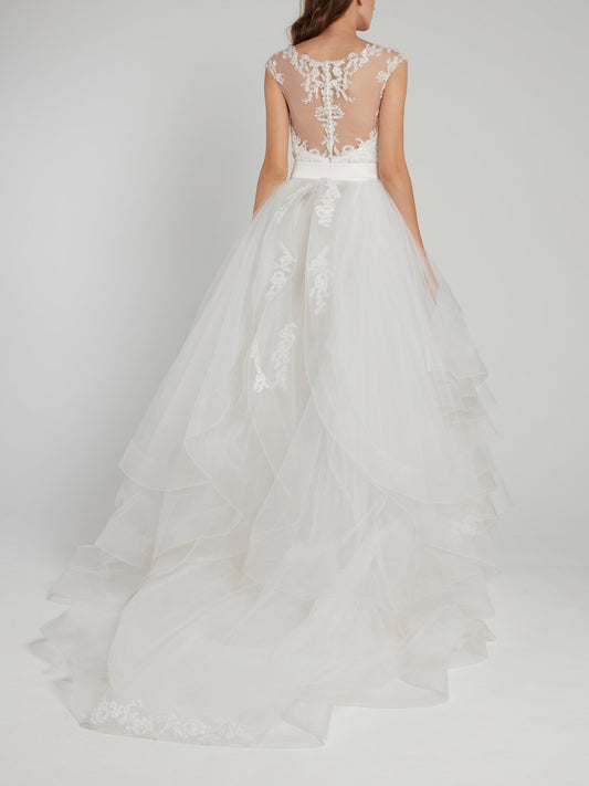 White Illusion Neckline Ruffle Bridal Gown
