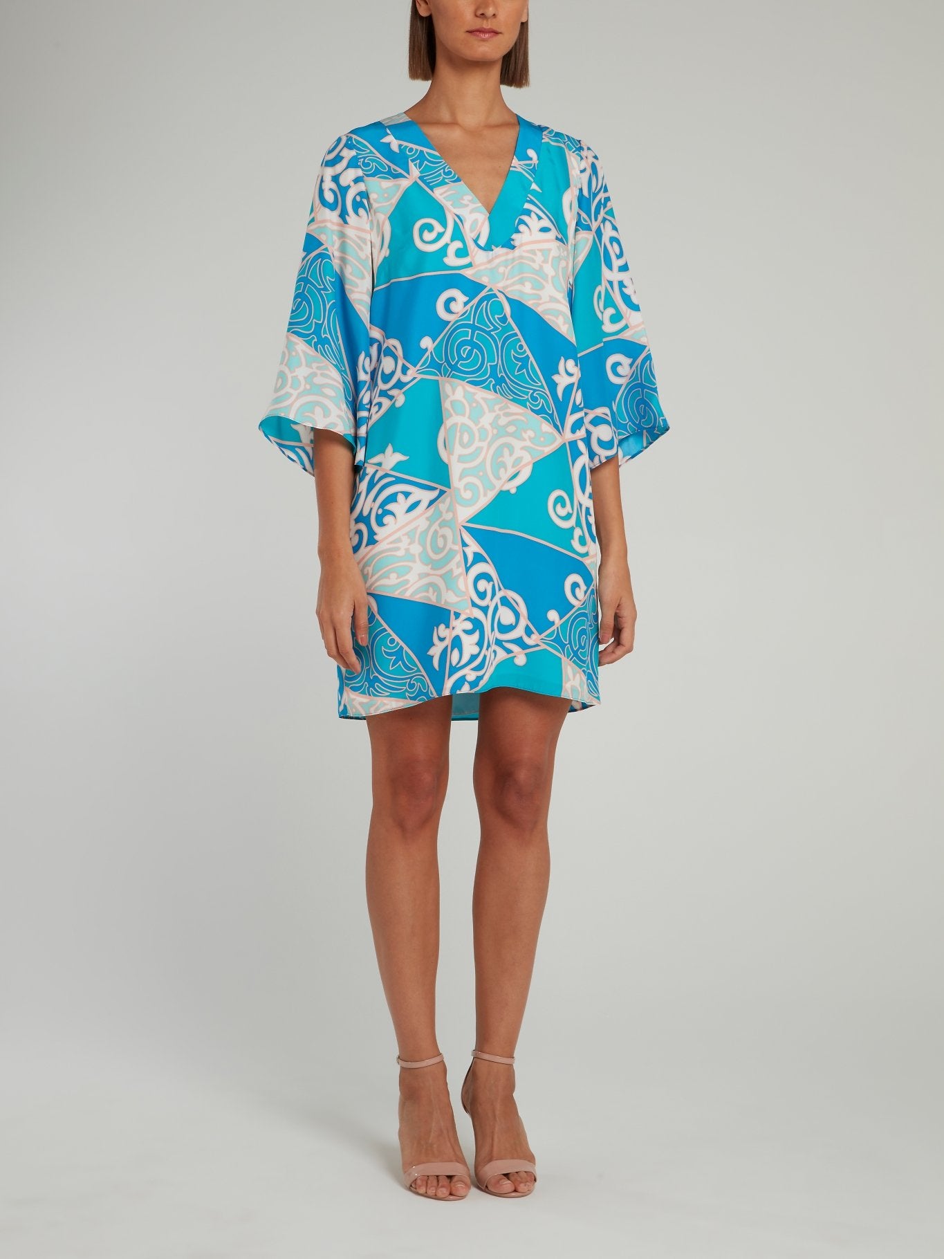 Синее платье-шифт с жаккардовым принтом и V-образным вырезом