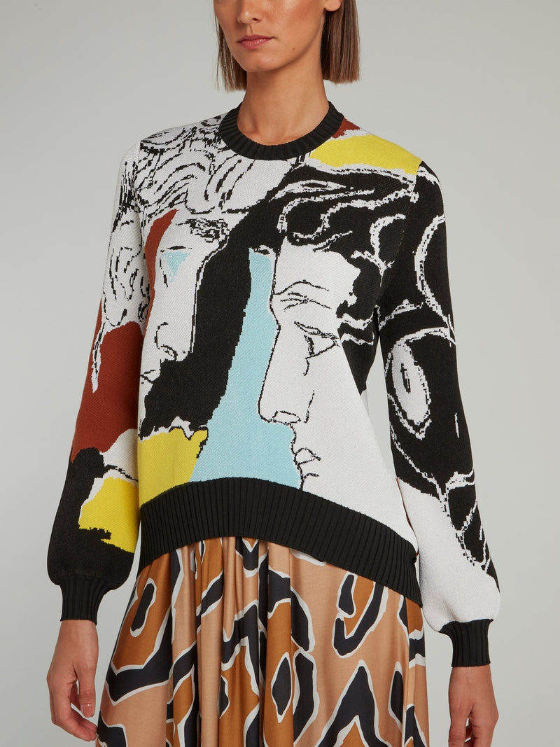 Вязаный свитер с принтом спереди и полосками на спине