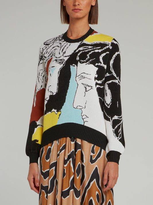 Вязаный свитер с принтом спереди и полосками на спине