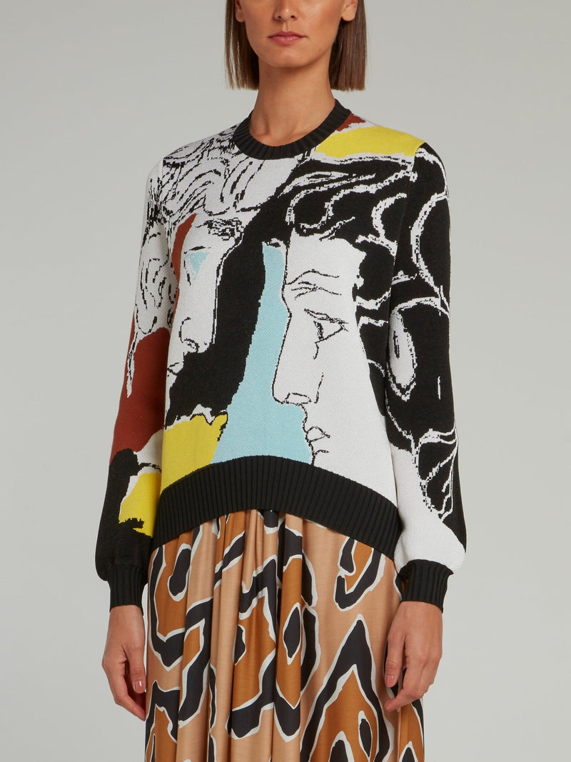Вязаный свитер с принтом спереди и полосками на спине
