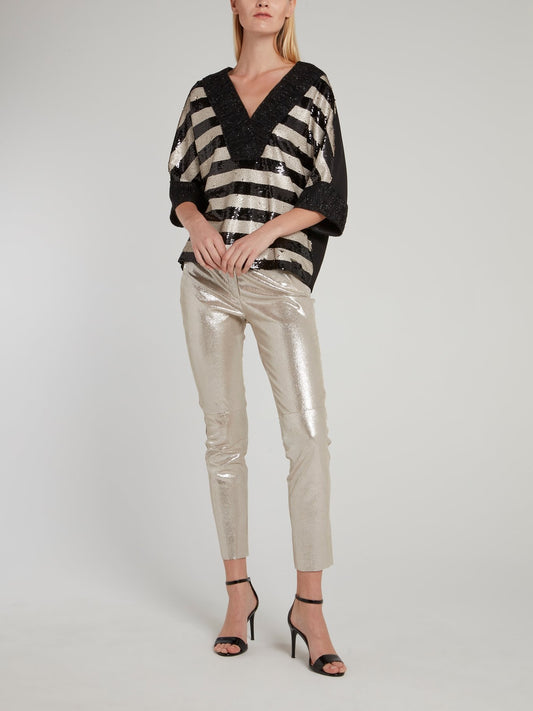 Золотистые кожаные брюки скинни