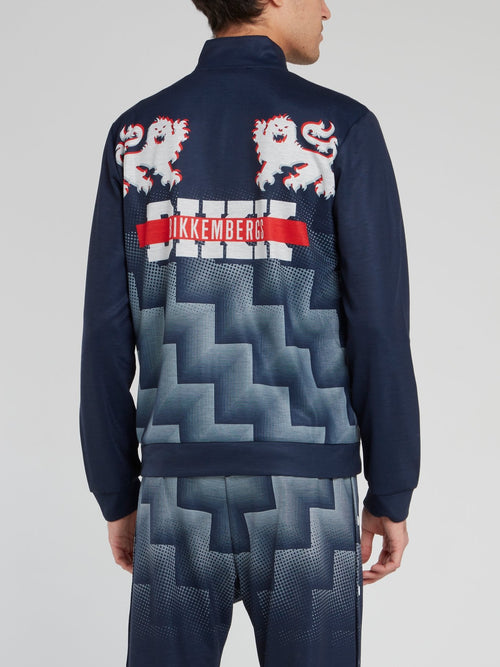 Темно-синяя куртка с высоким воротником и логотипом