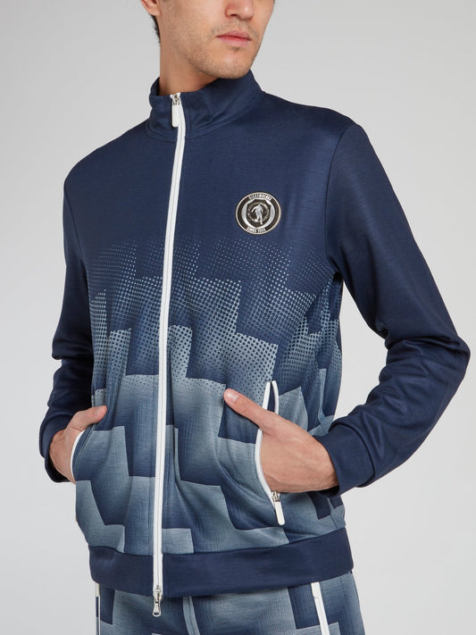 Темно-синяя куртка с высоким воротником и логотипом