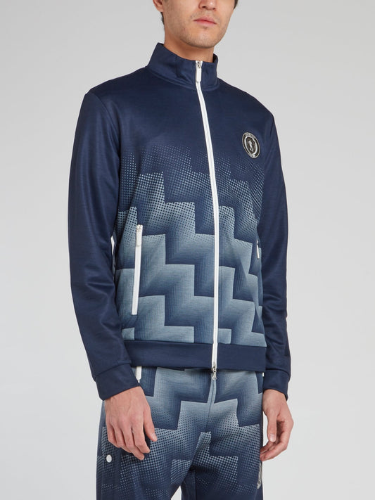 Темно-синяя куртка с высоким воротником и логотипом