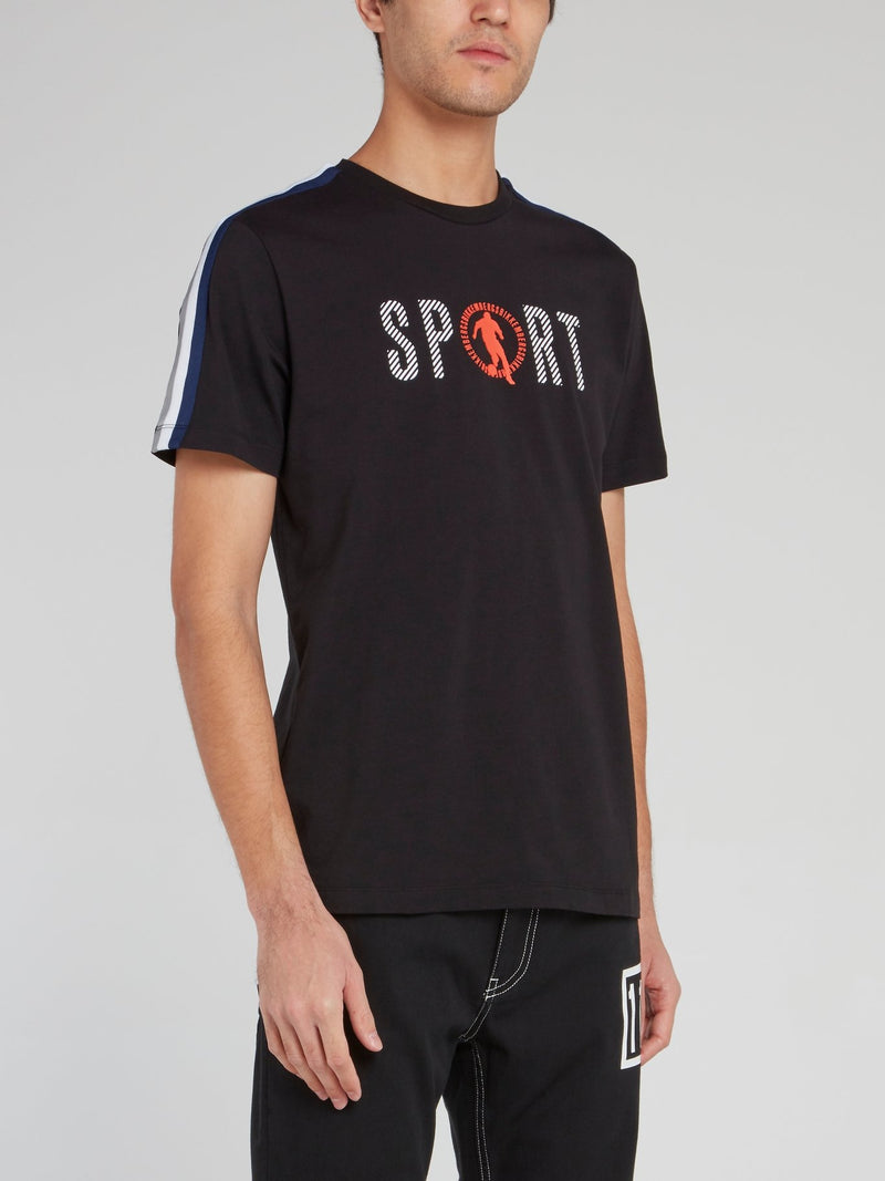 Черная хлопковая футболка с полоской на рукавах