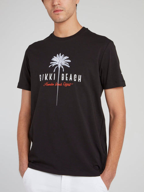 Черная хлопковая футболка с круглым вырезом и надписями