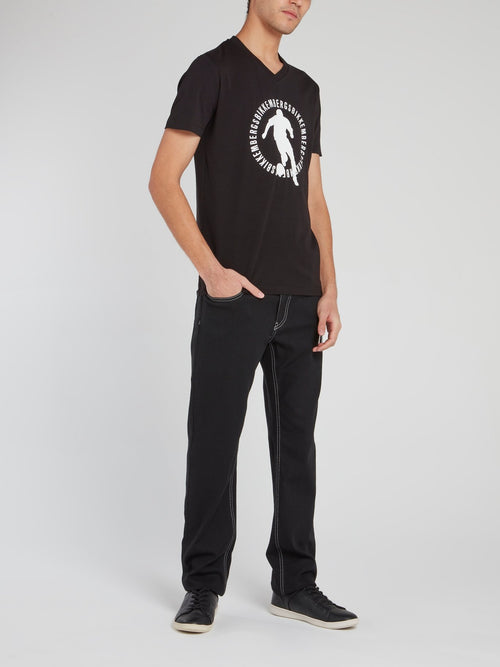 Черная футболка с V-образным вырезом и рисунком Sport