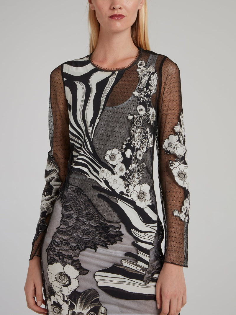 Черное платье-макси с цветочным принтом и прозрачными вставками