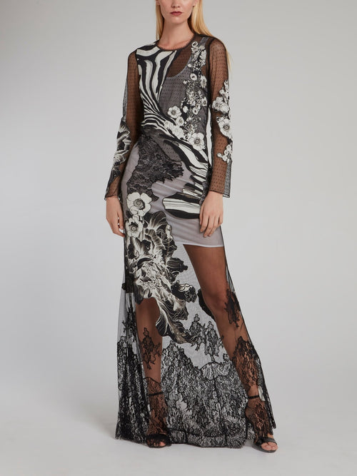 Черное платье-макси с цветочным принтом и прозрачными вставками