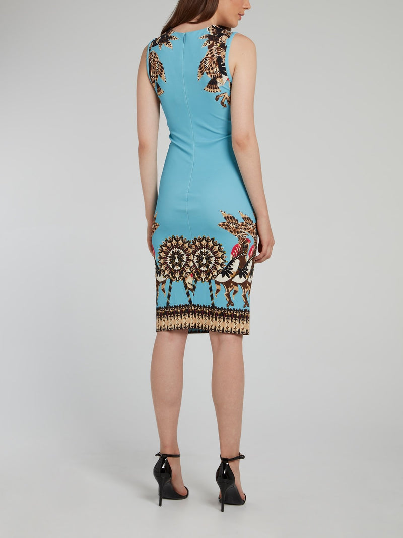 Голубое платье-футляр с принтом и молнией на спине
