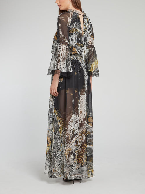 Peasant Sleeve Drawstring Pleated Maxi Dress
