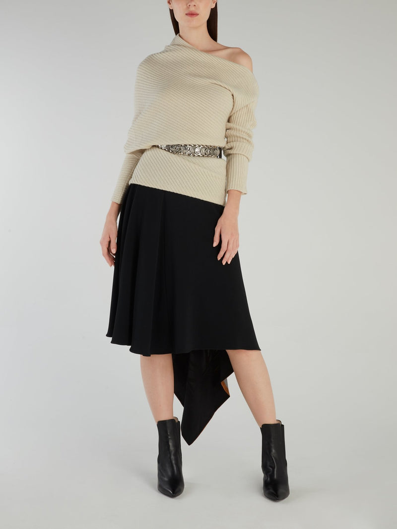 Бежевый свитер в рубчик на одно плечо