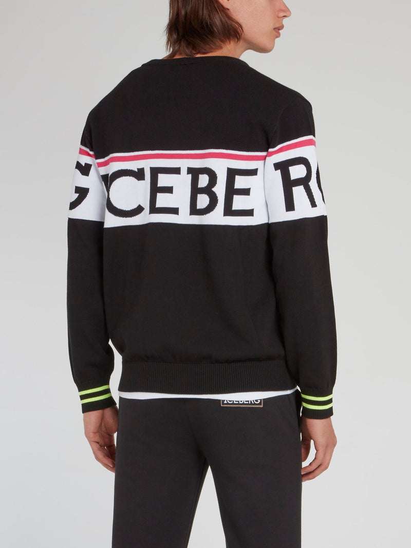 Черный вязаный свитер с круглым вырезом и логотипом