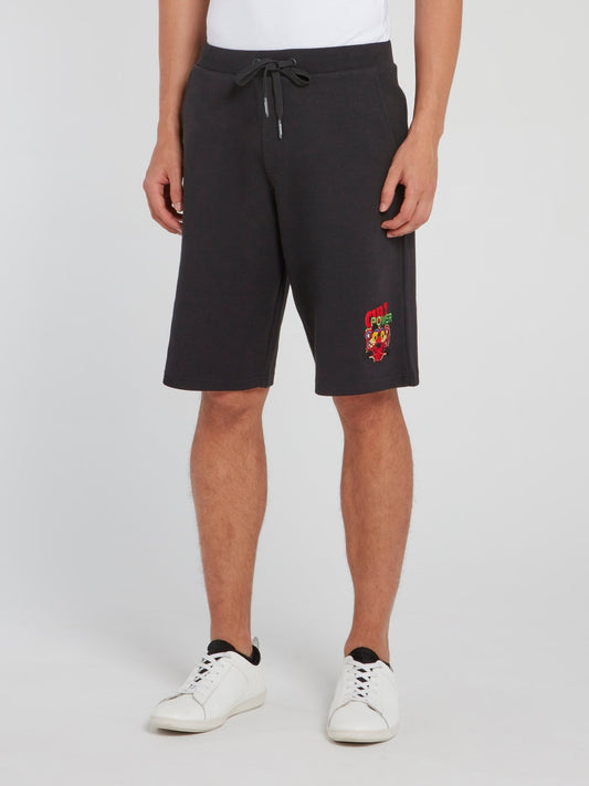 Черные шорты со шнурком и вышивкой "Розовая пантера"