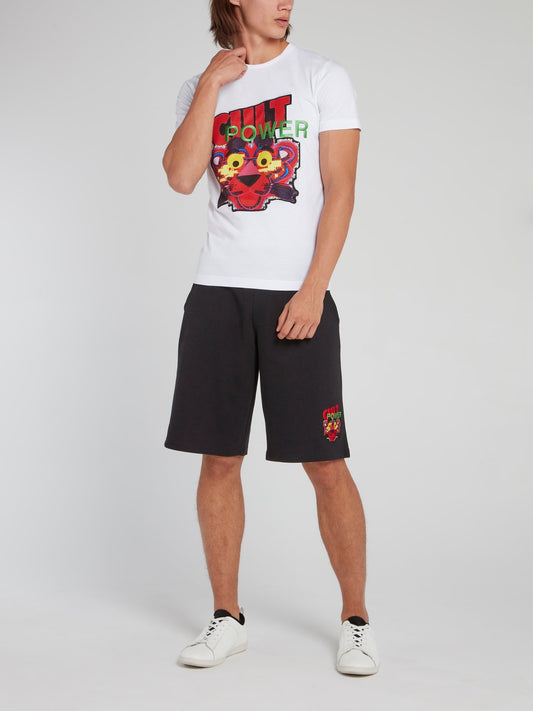 Черные шорты со шнурком и вышивкой "Розовая пантера"