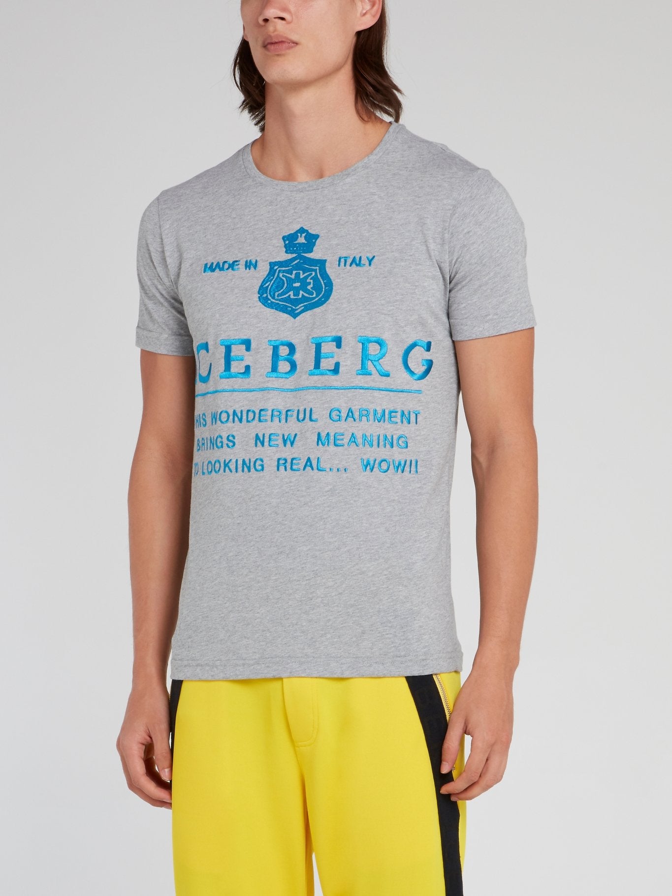 Серая хлопковая футболка с вышитым голубым логотипом