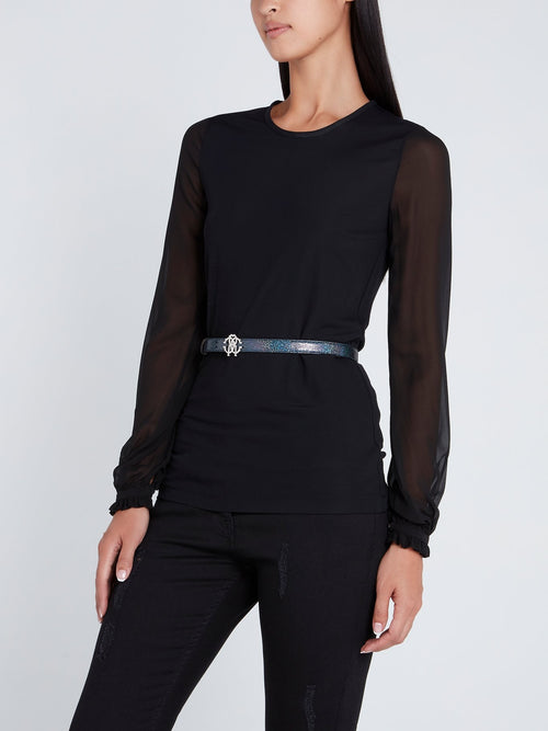 Синий блестящий пояс из кожи наппа